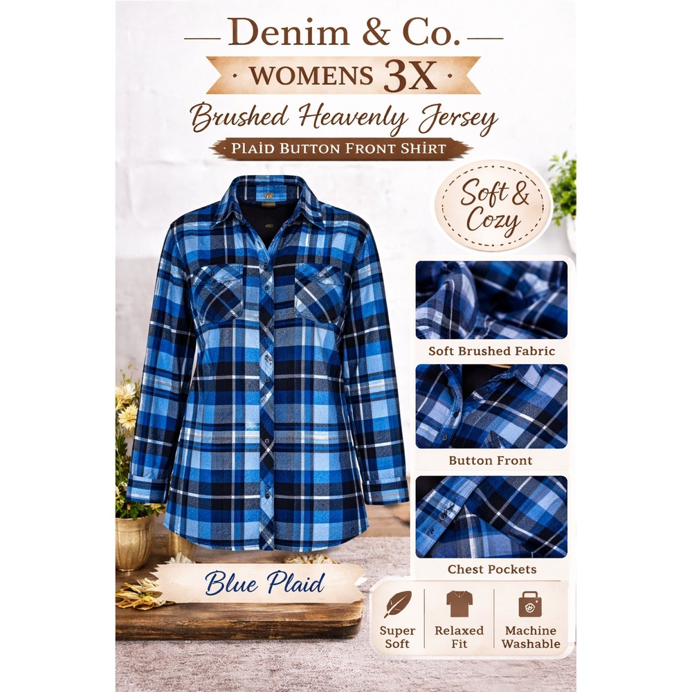 Denim & Co Womens 3X Brushed Heavenly Jersey Plaid Button Front Shirt Blue A2822